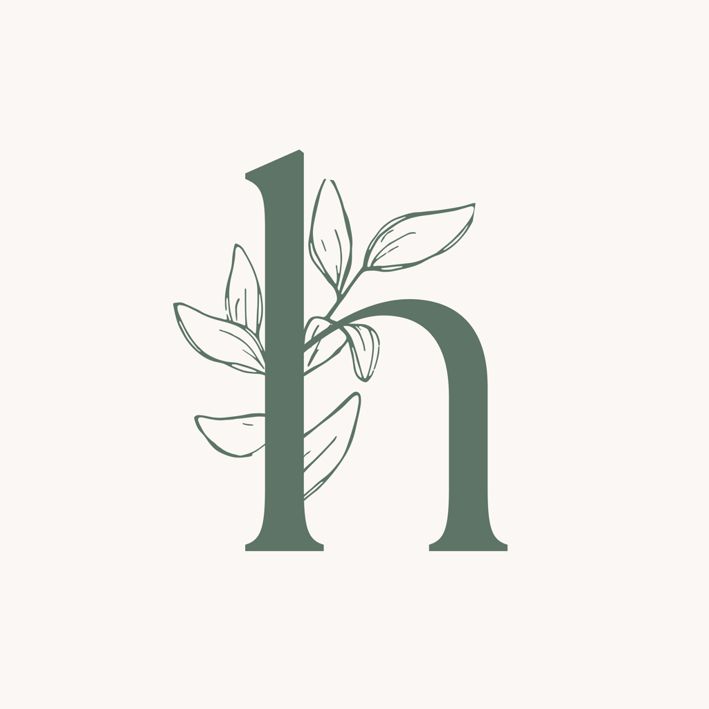 holystic brand mark: a serif lowercase letter h drawn in sage green with botanical leaf line-art behind it