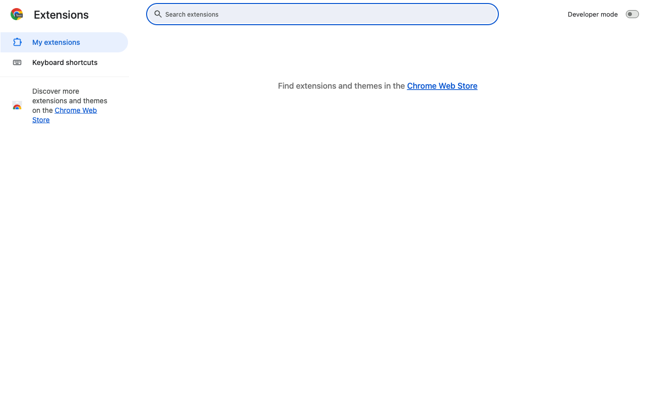 Chrome extensions page with the Developer mode toggle off in the upper right.