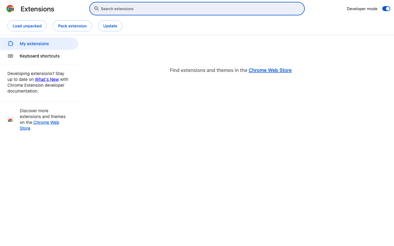 Chrome extensions page with Developer mode now on, showing the Load unpacked button in the upper left.